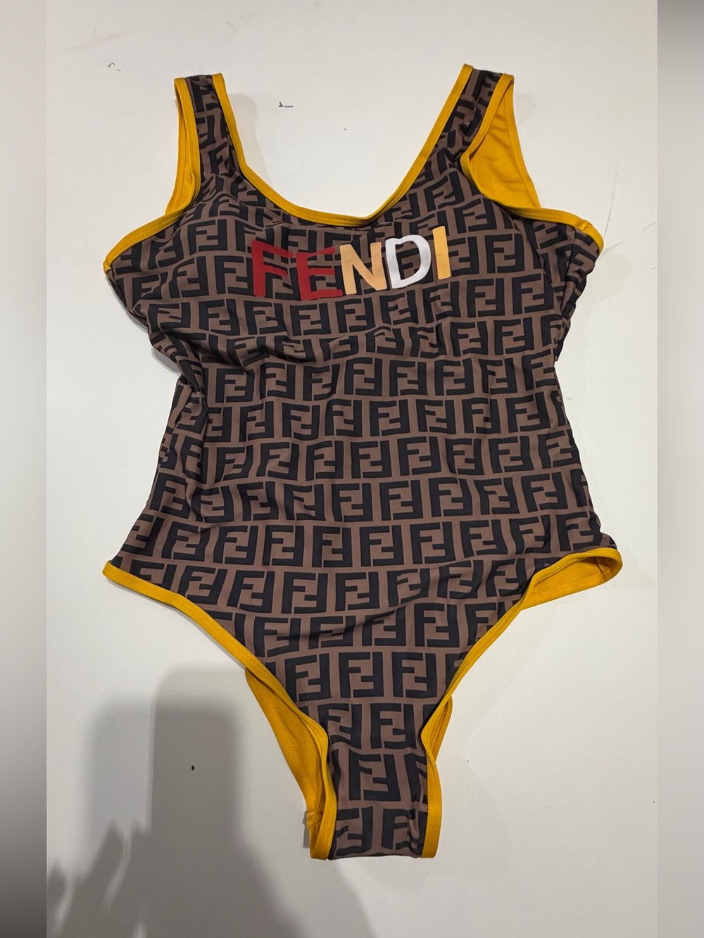 Fendi Brown Swim One-Piece with Yellow Trim and Logo